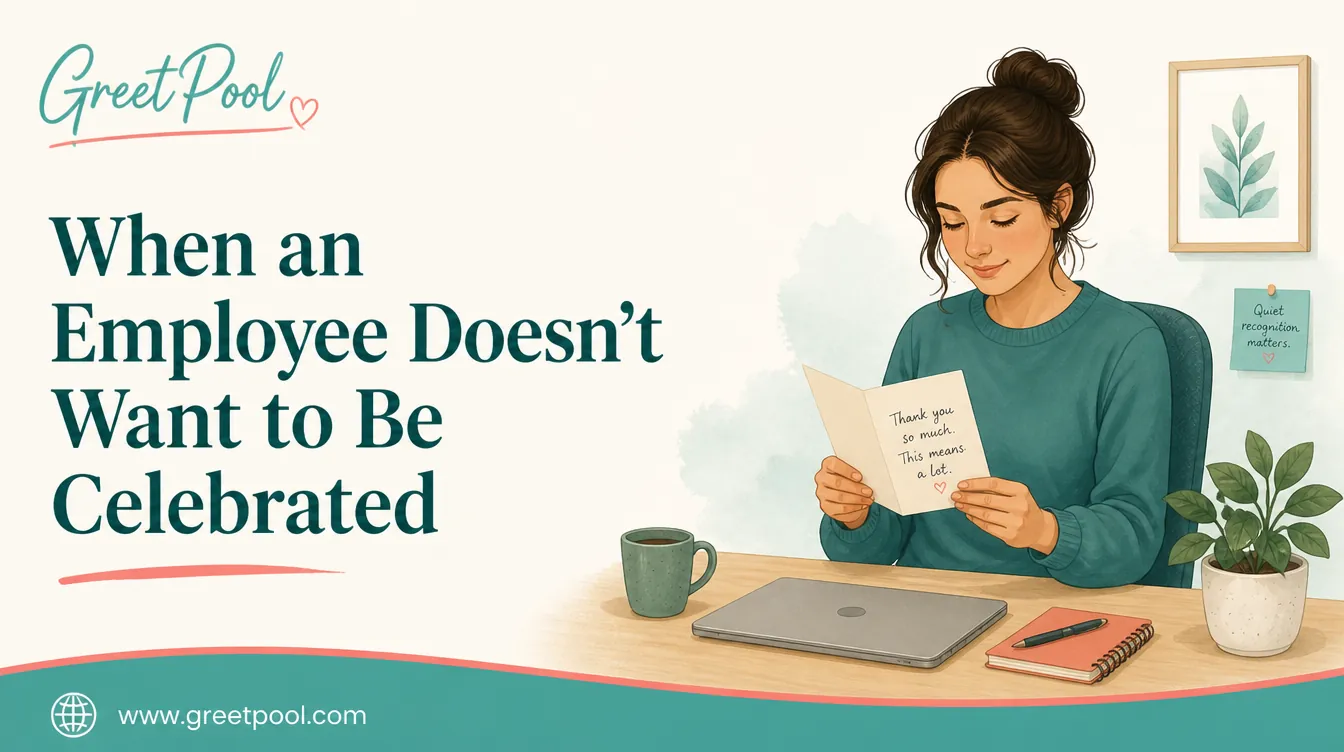 An employee quietly reading a written appreciation note at their desk instead of a public celebration, from GreetPool
