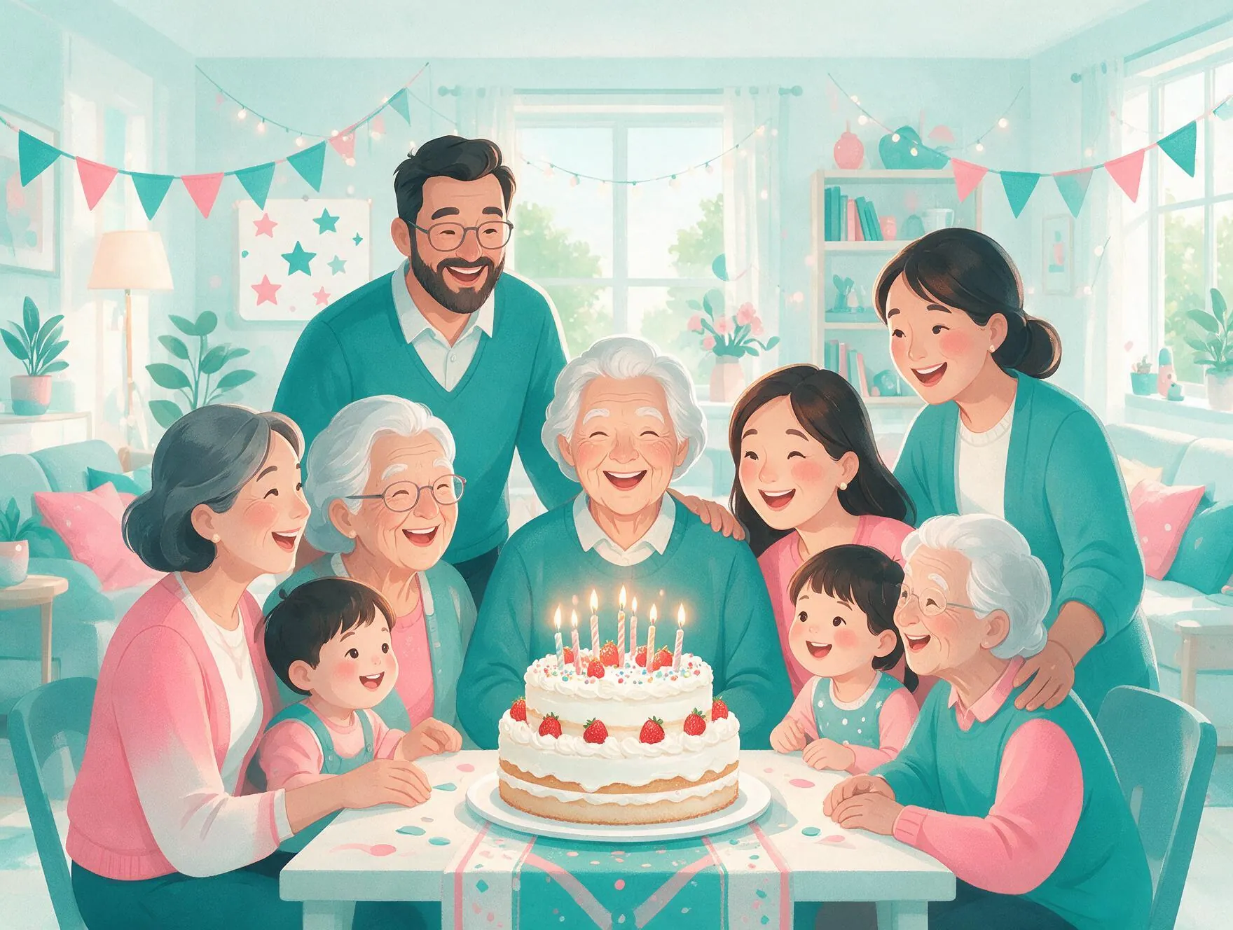 An extended family gathered around a birthday cake with lit candles, celebrating together