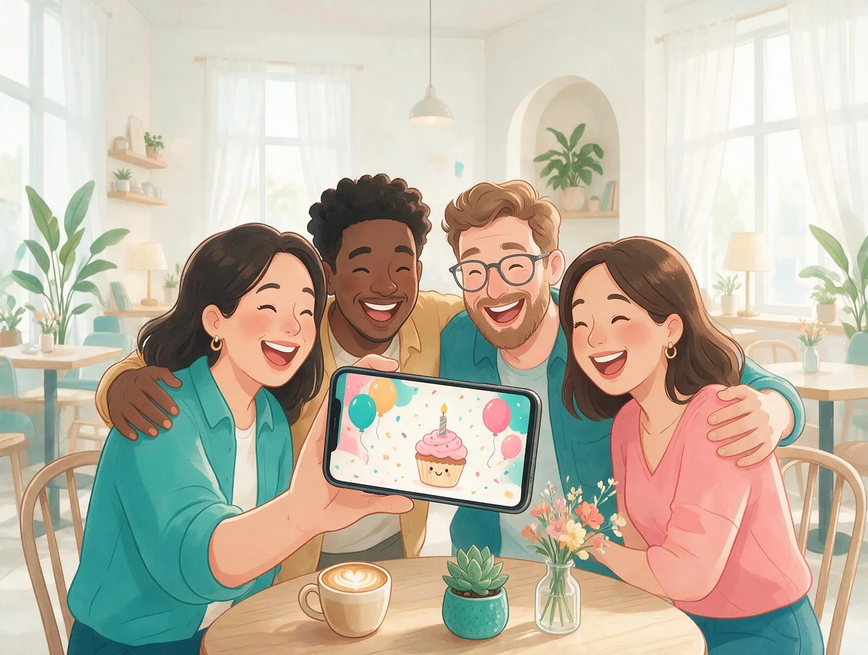 A group of friends laughing together while reading a birthday card on a phone