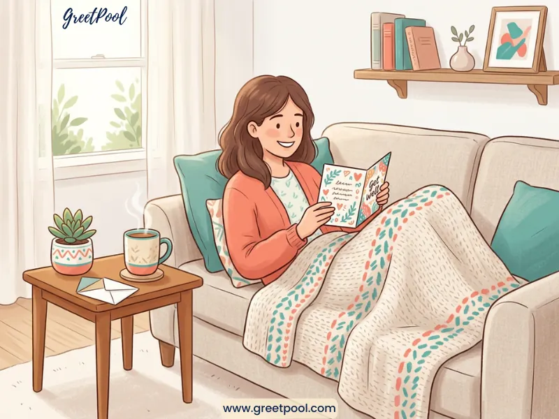 Person resting at home and recovering after surgery while reading a get well card