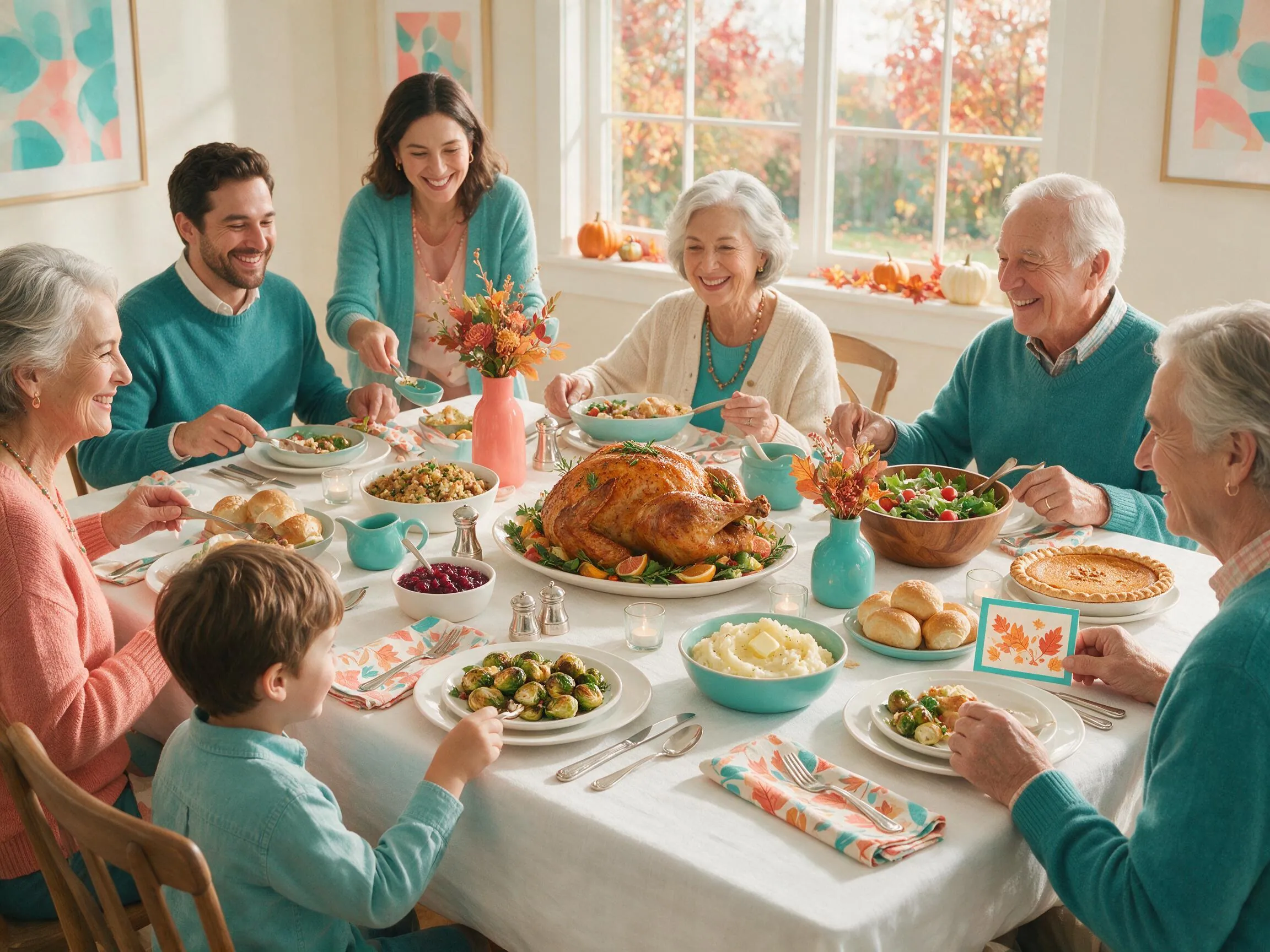 Family gathered around a Thanksgiving table sharing a greeting card