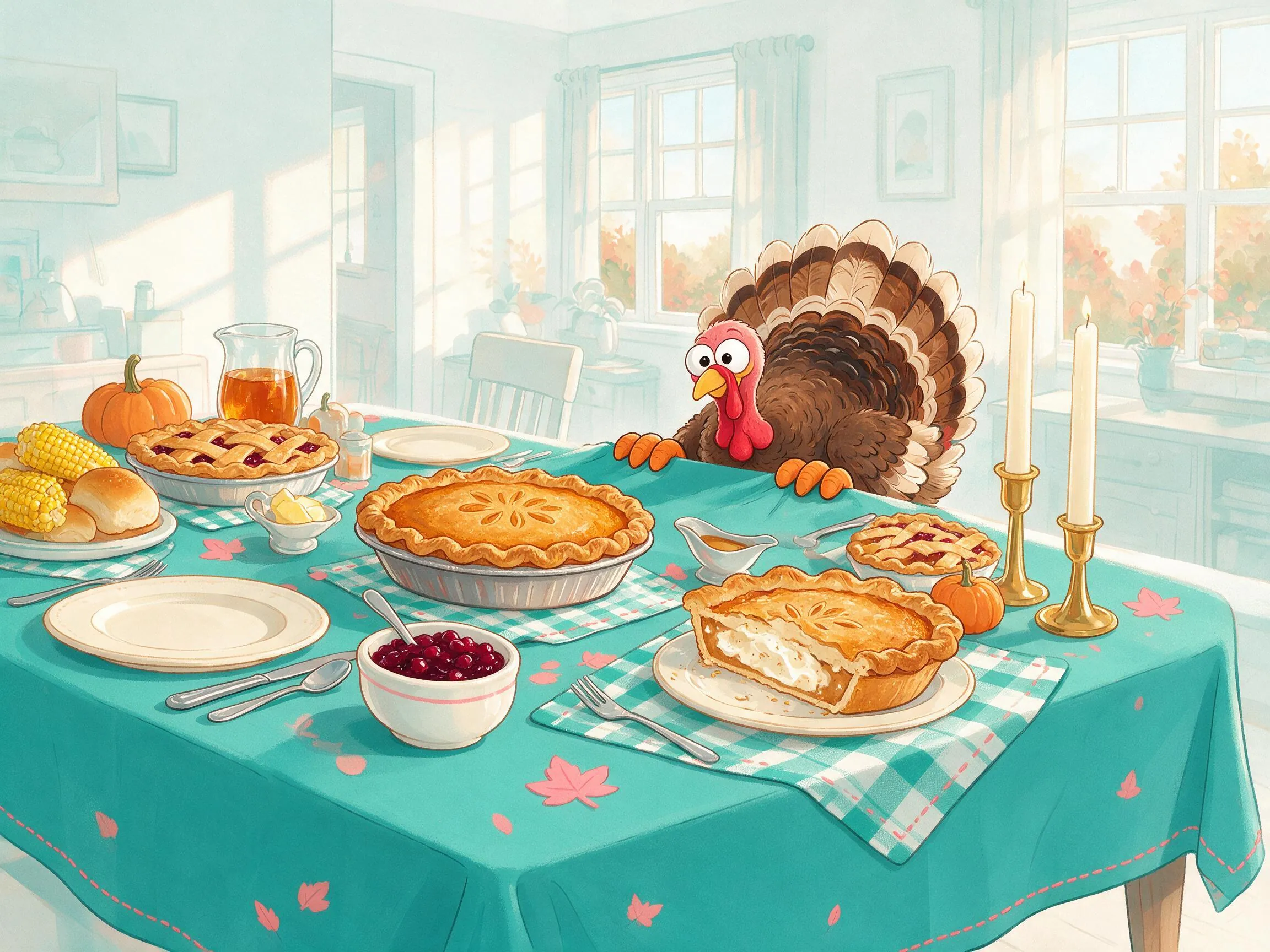 A playful Thanksgiving scene with a cartoon turkey and a person loosening their belt after a big meal