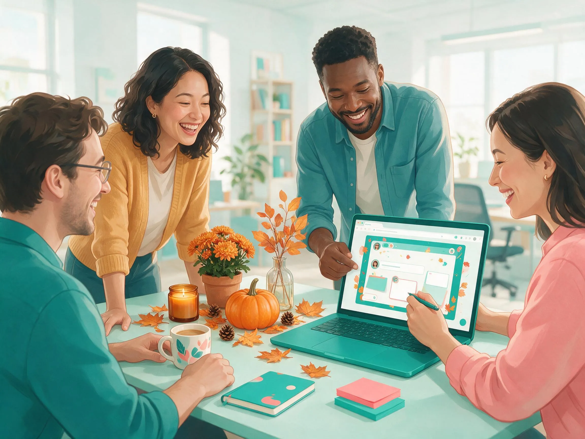 Coworkers signing an online Thanksgiving group card together