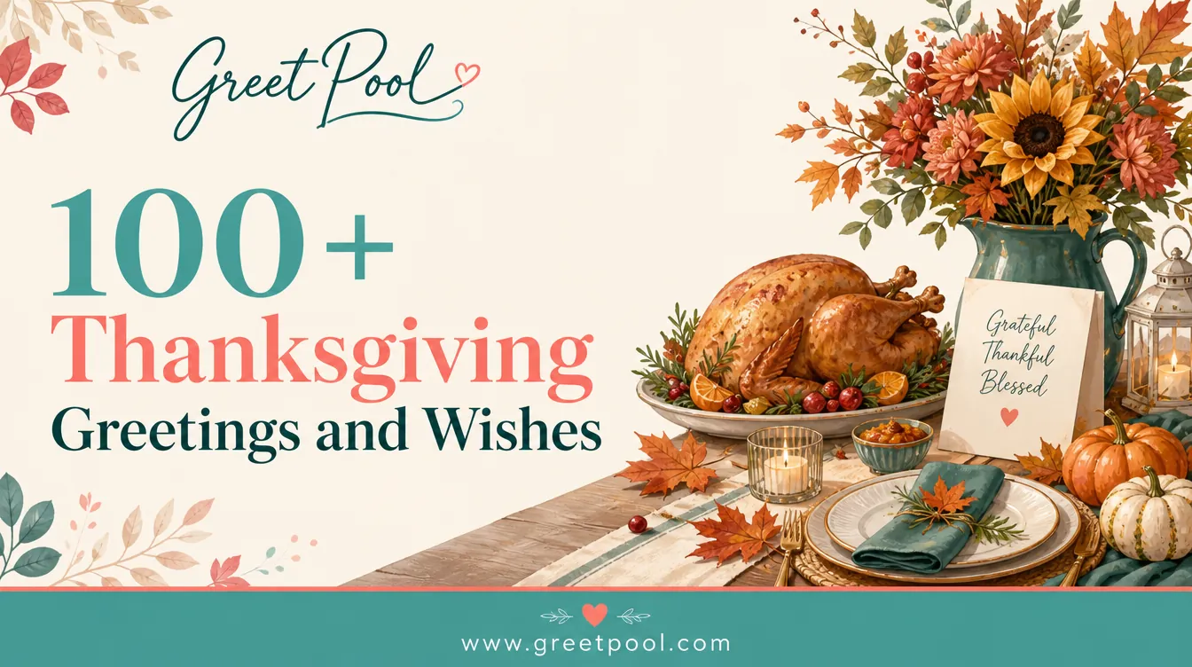 100+ Thanksgiving Greetings and Wishes, a set Thanksgiving table with a greeting card from GreetPool