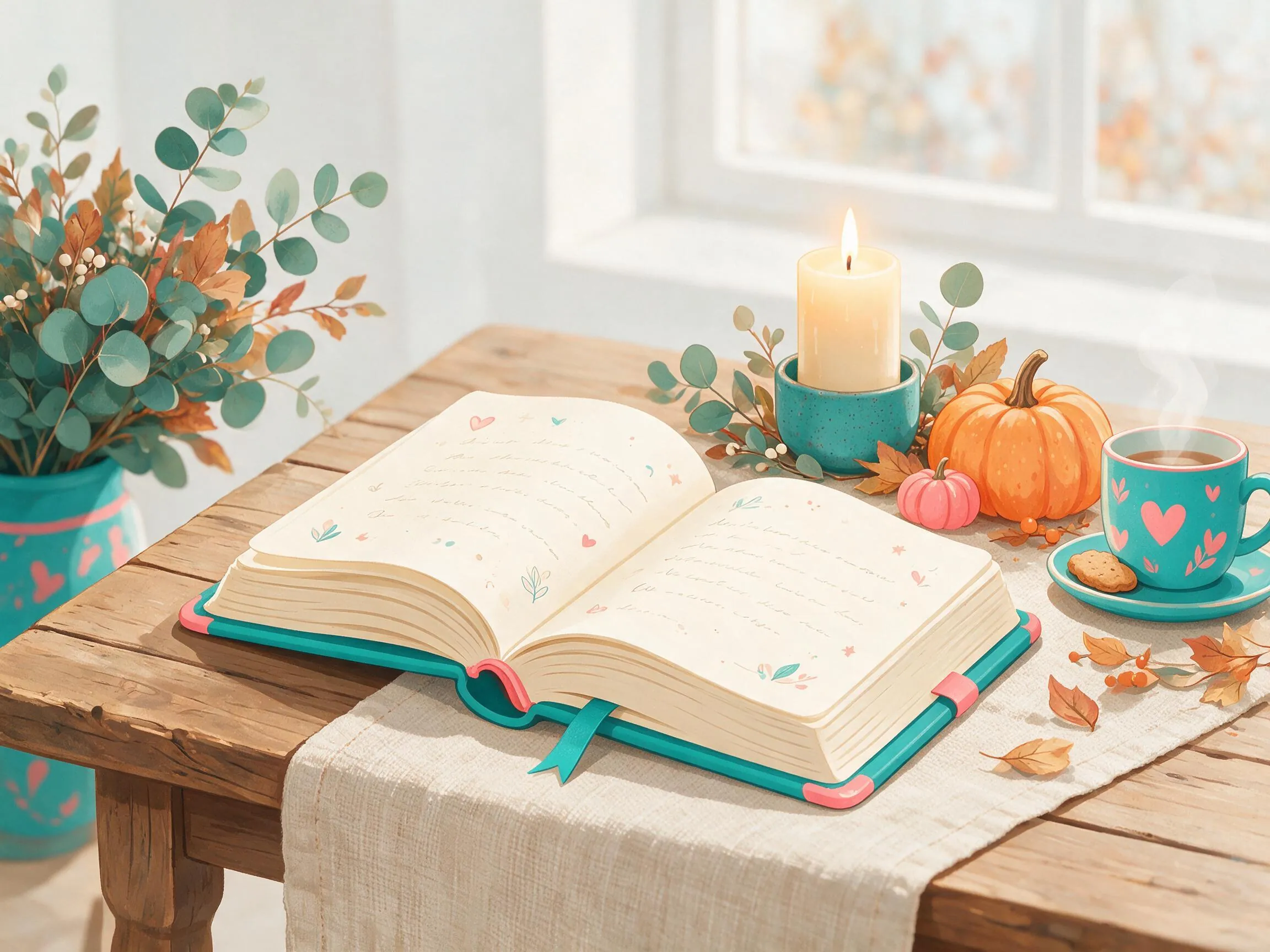 An open journal beside a lit candle and a small pumpkin, set for quiet Thanksgiving reflection