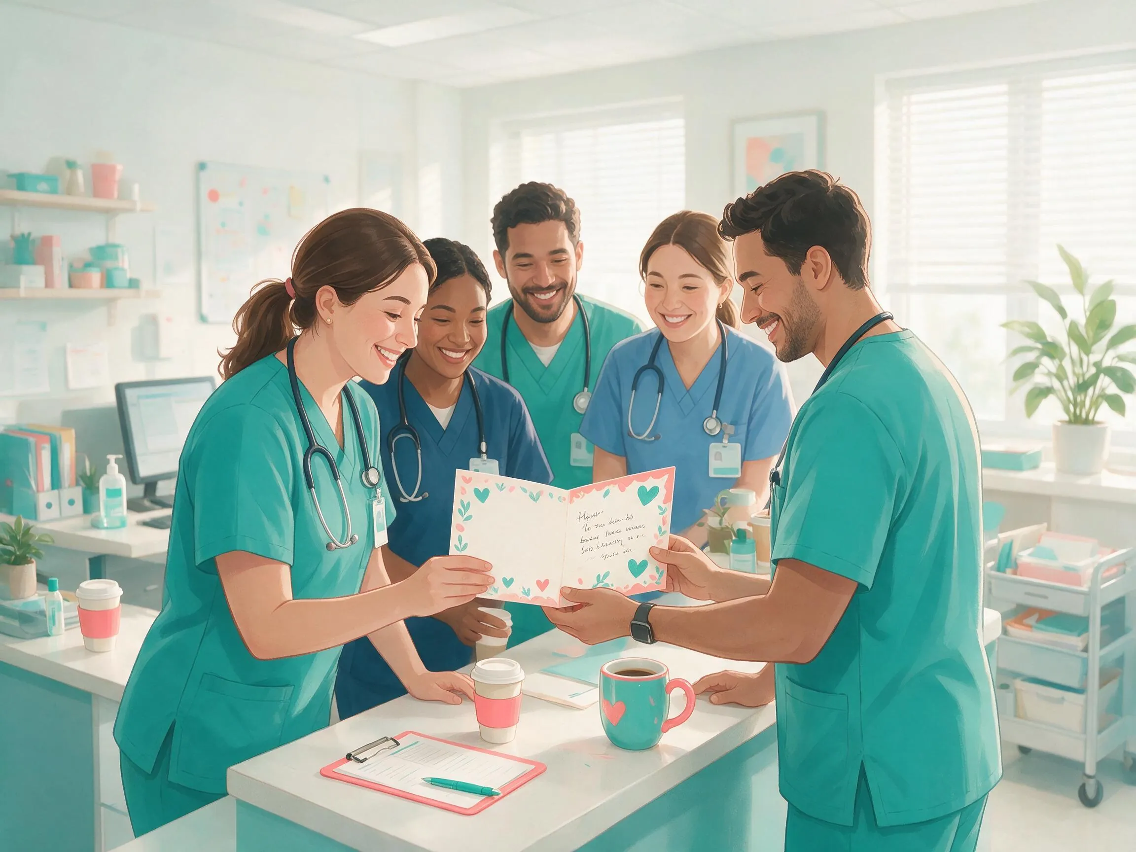 A group of nursing coworkers at a nurses station smiling together over a greeting card