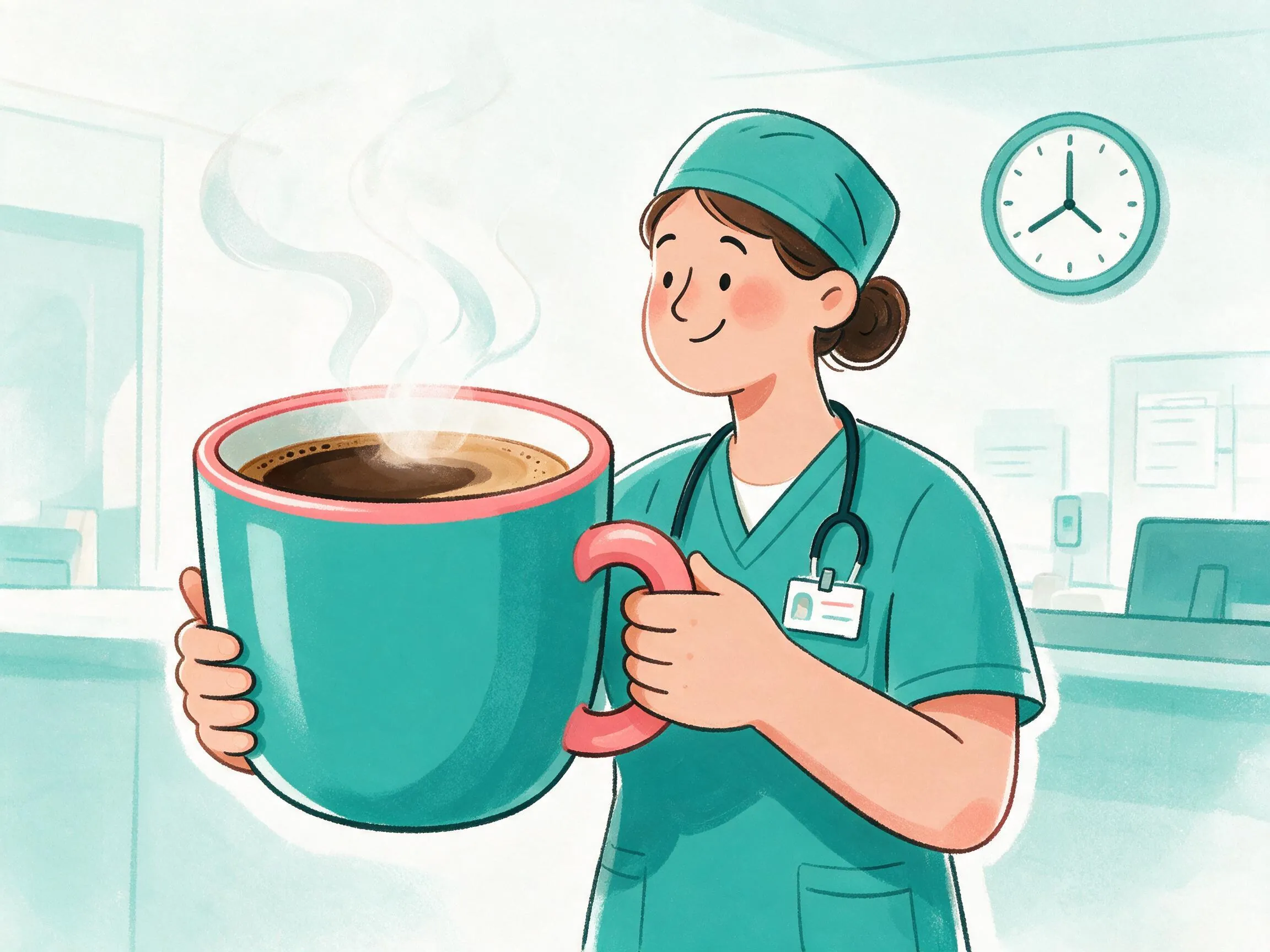 A tired but smiling nurse holding an oversized cup of coffee at the end of a long shift
