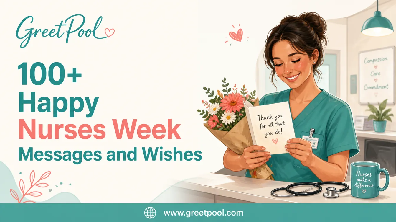 100+ Happy Nurses Week Messages and Wishes, a nurse receiving a thank you card and flowers from GreetPool