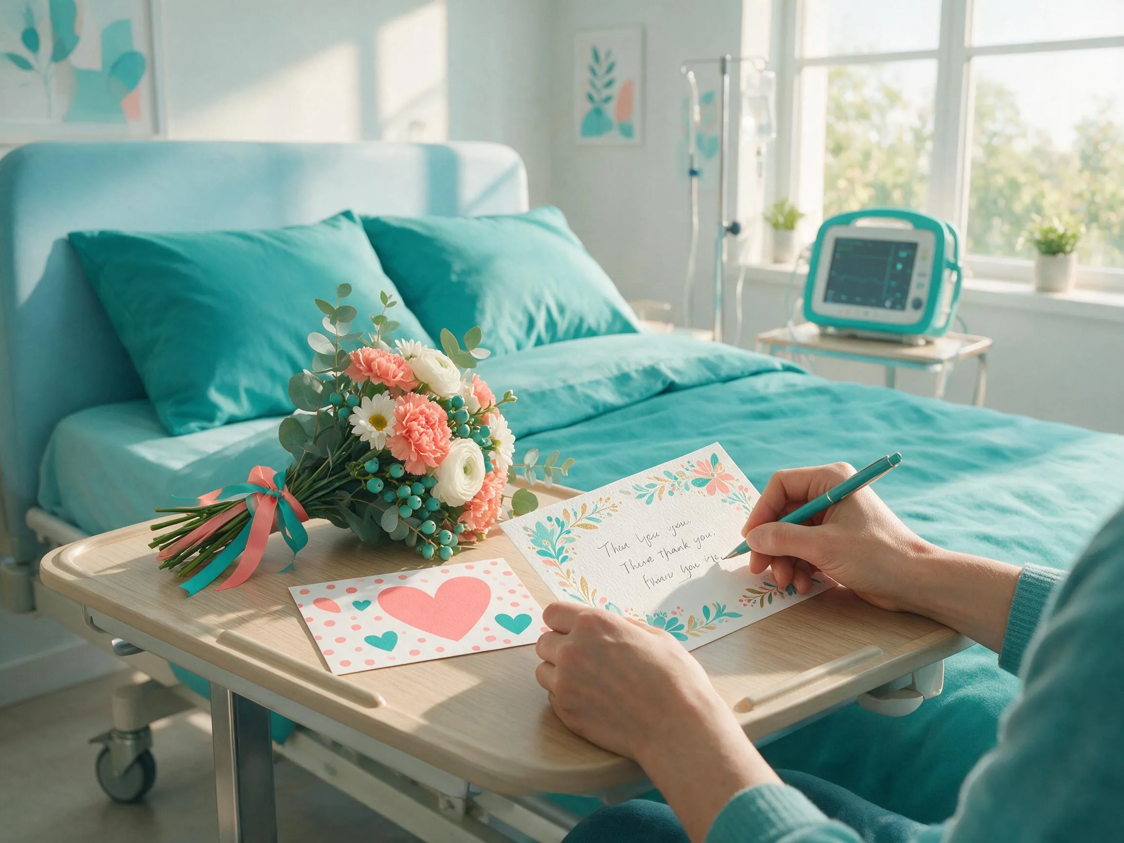 A patient's family member writing a thank you card for a nurse at a hospital bedside table