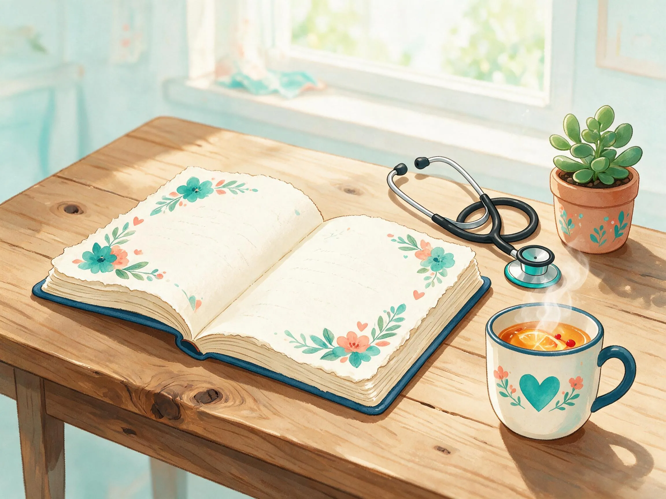 An open journal beside a stethoscope and a small potted plant, set for quiet reflection on nursing