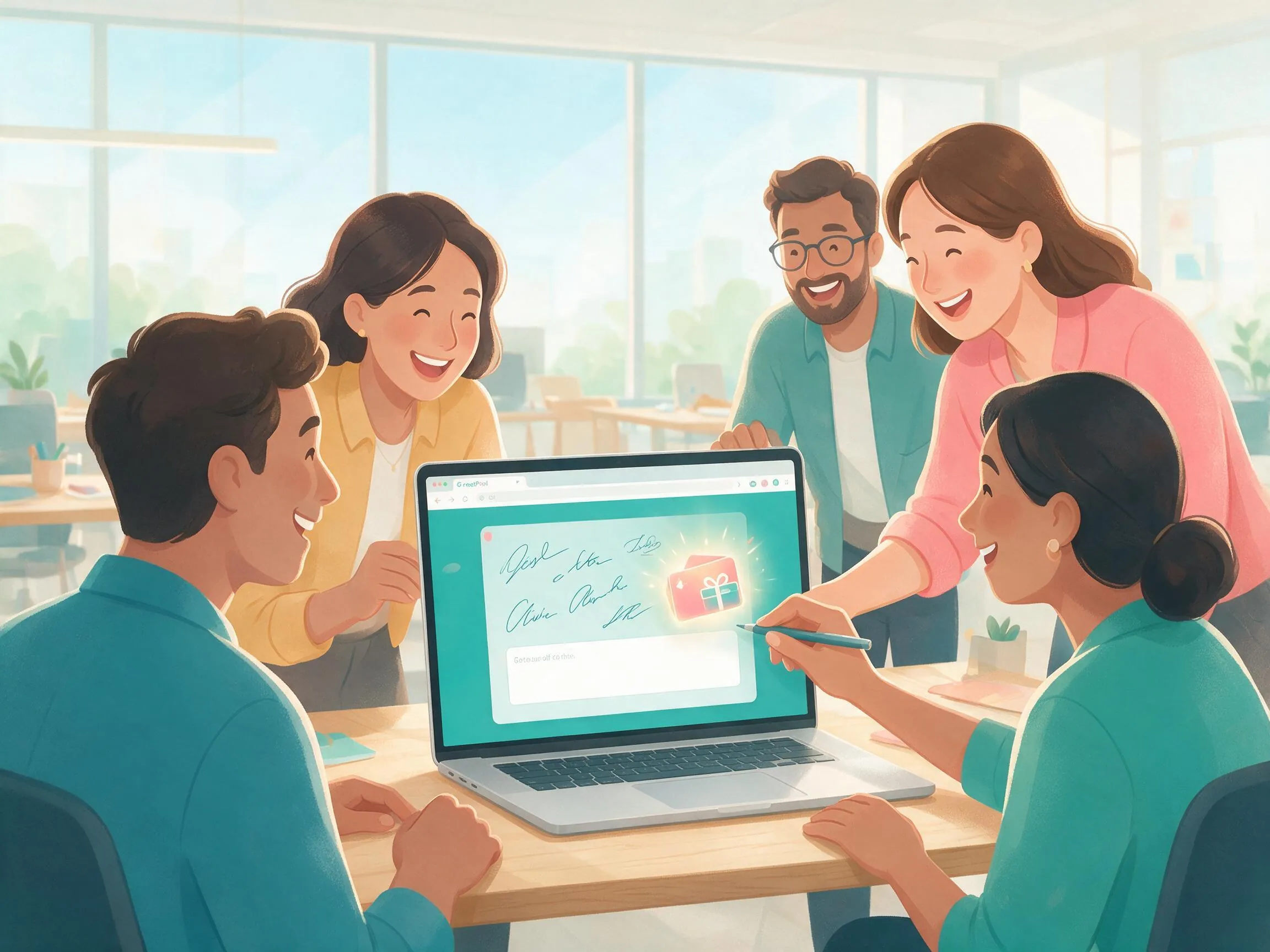 A small group of coworkers adding notes to an online group card together on a laptop