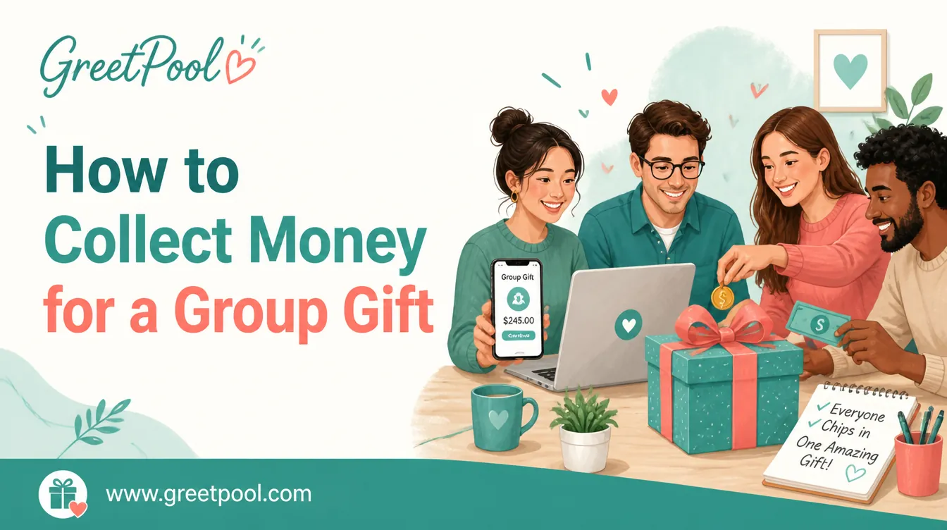 How to Collect Money for a Group Gift, hands adding contributions toward a shared wrapped gift from GreetPool