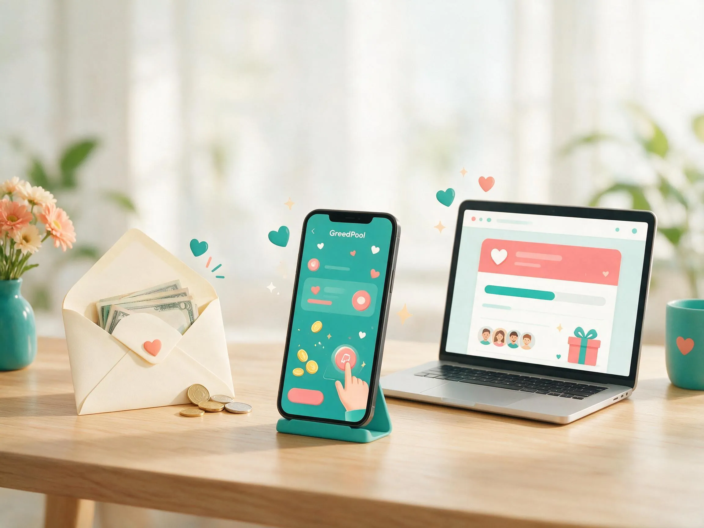 Different ways to collect money for a group gift, cash in an envelope, a payment app on a phone, and an online contribution page on a laptop