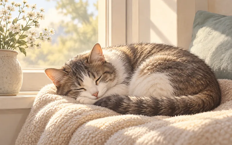 Illustration of a tabby and white cat asleep on a soft blanket in a sunny window