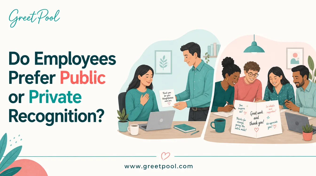 Do Employees Prefer Public or Private Recognition, a manager quietly handing a colleague a written note at their desk while a team-signed card sits nearby, from GreetPool