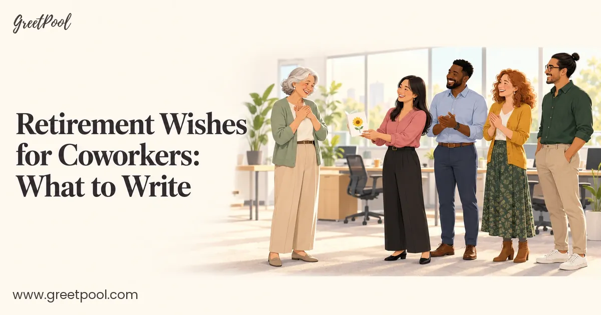 Coworkers in an office clapping as one hands a sunflower retirement card to a smiling retiring colleague, with the headline retirement wishes for coworkers