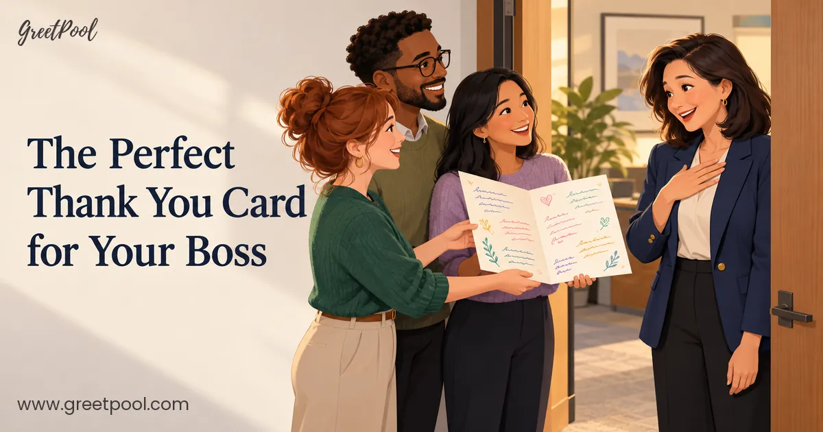 Three coworkers presenting a group thank you card to their smiling boss at her office door, from GreetPool