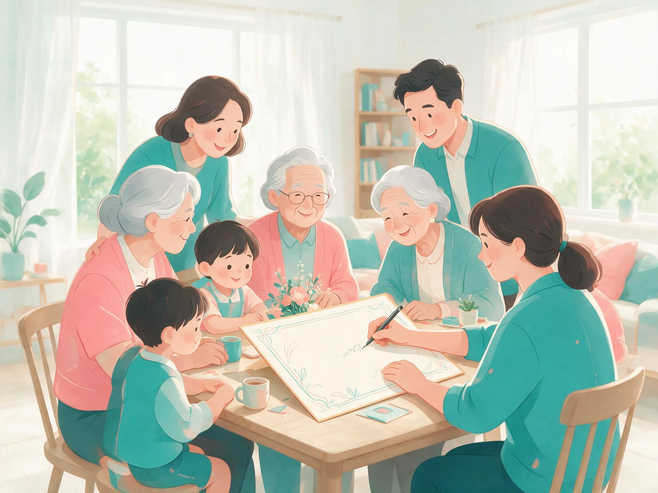 Family members signing a wedding congratulations card together