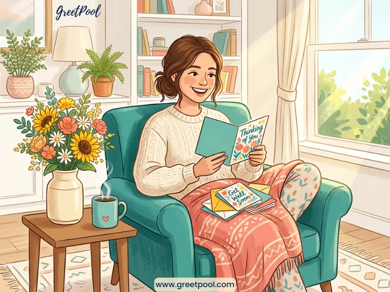 Person resting under a blanket and smiling while reading a get well card