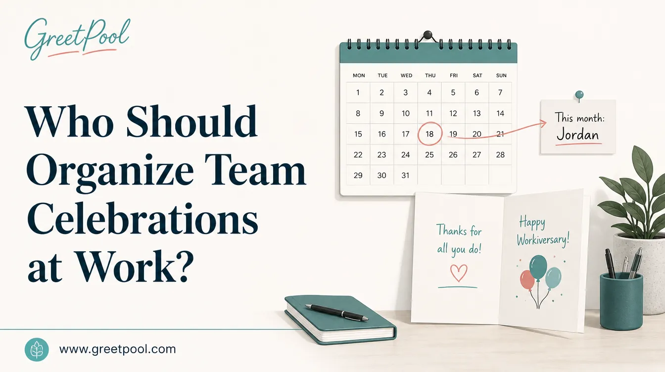Who Should Organize Team Celebrations at Work, a rotation calendar beside a group appreciation card from GreetPool