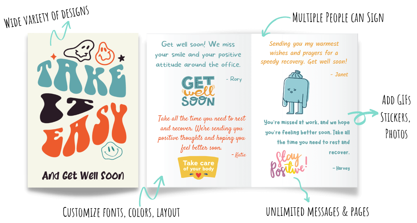 Digital Group Get Well Card with messages of support and cheerful illustrations.