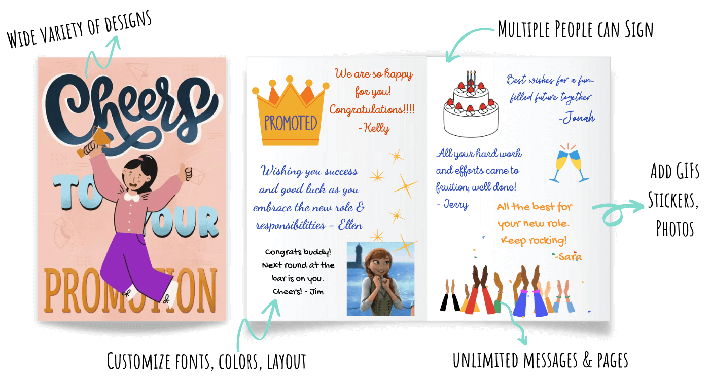 Digital group promotion card with team congratulations