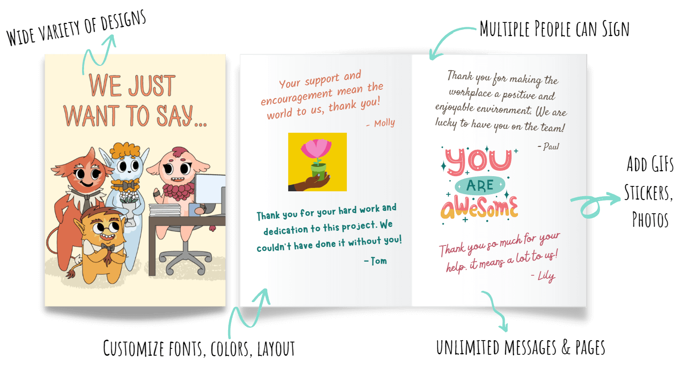 Group thank you card with multiple signatures and heartfelt messages from team members