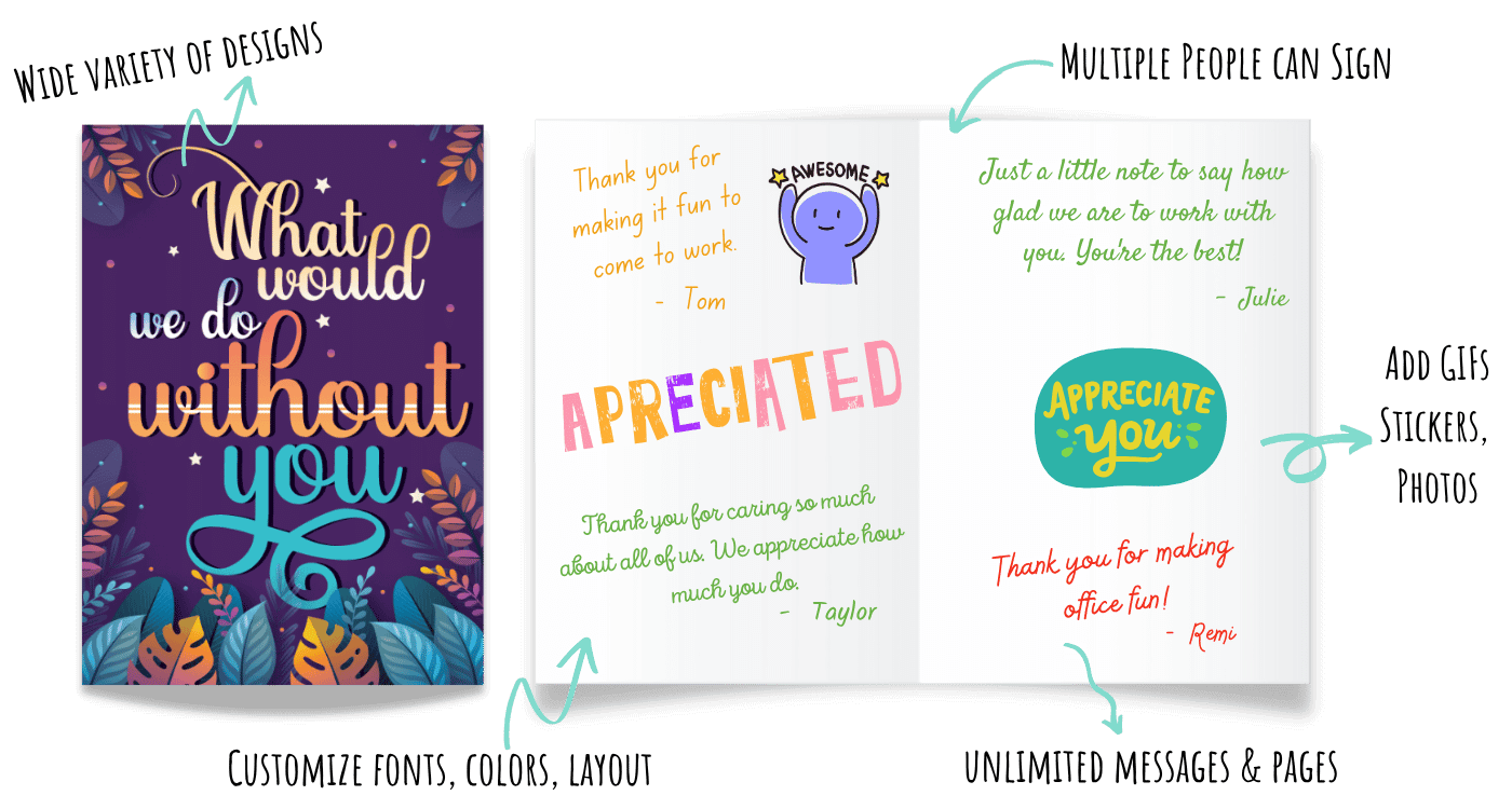 Digital group employee appreciation card with team recognition messages