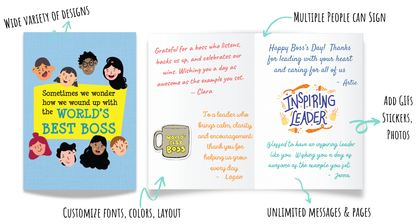 Digital group boss appreciation card with team gratitude messages