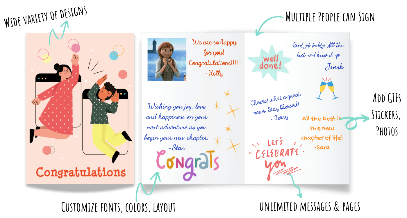 Congratulations group card with team signatures celebrating employee promotion and achievements