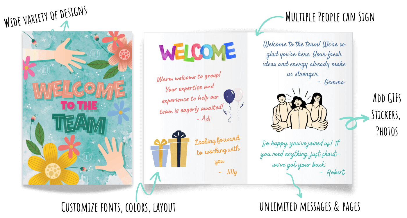 Welcome to the team group card with signatures from all team members for new employee onboarding