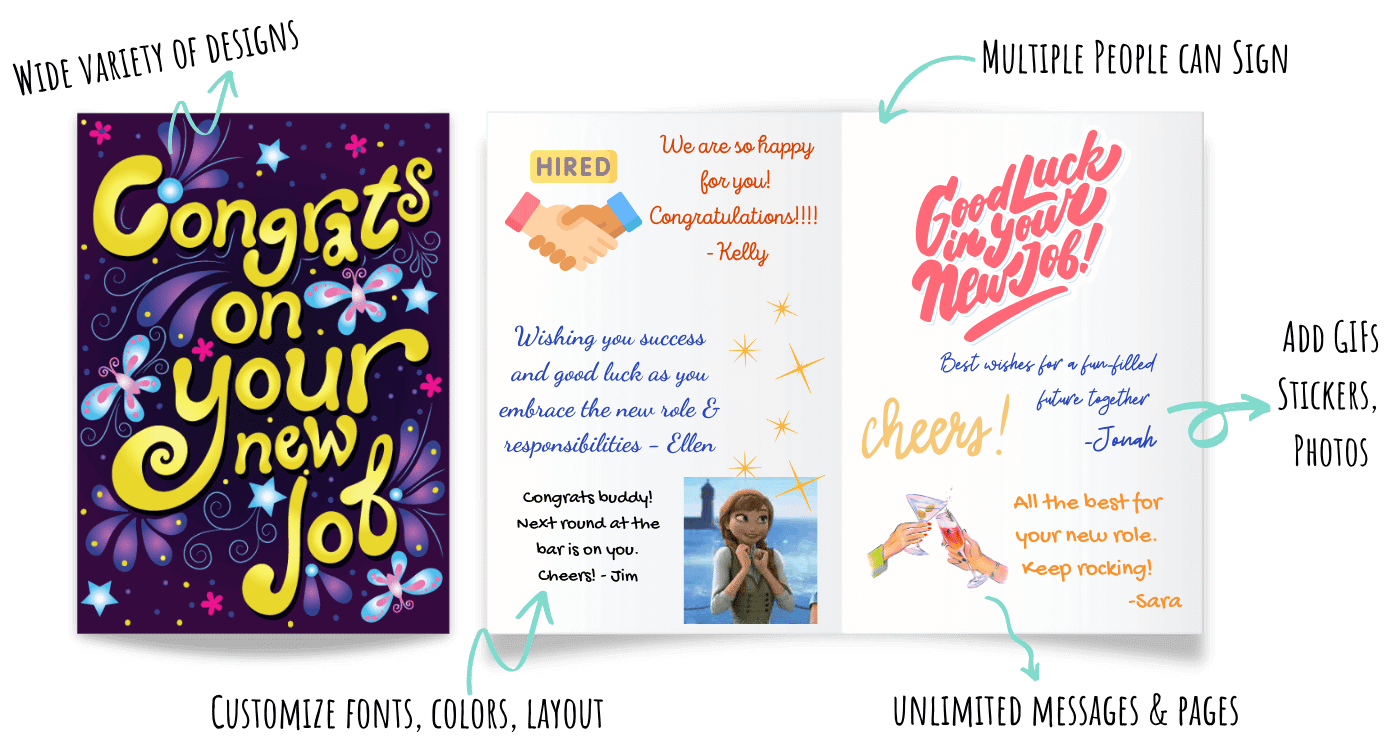 Digital group new job congratulations card with team celebration messages