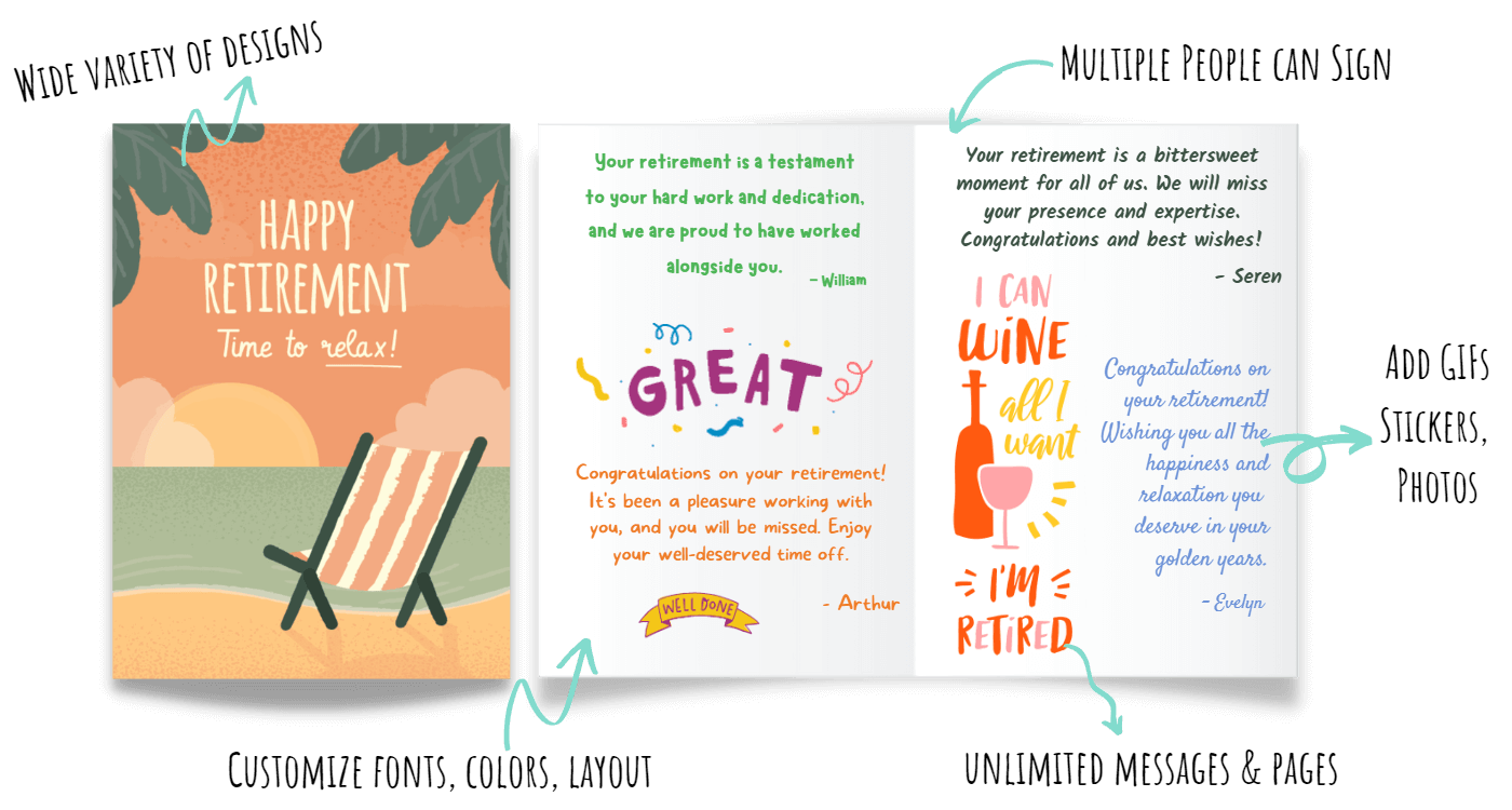  Digital Group Retirement Card with celebratory illustrations and diverse signatures.