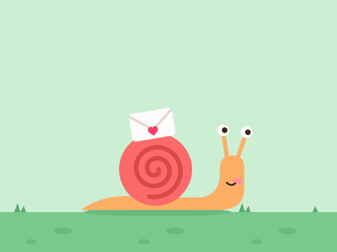 Sorry for the late reply text above a cute snail slowly carrying an envelope with a heart seal across green grass