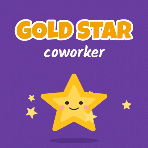 Gold star coworker appreciation with a smiling gold star bouncing while small stars orbit on purple