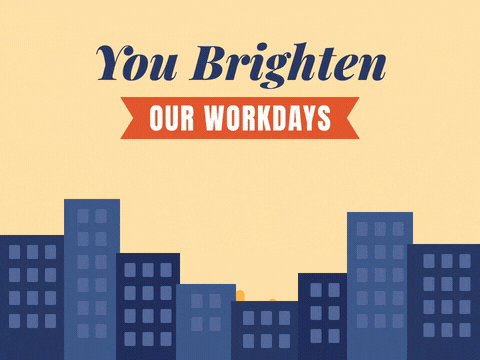 You brighten our workdays employee appreciation sun rising over an office skyline as the windows light up