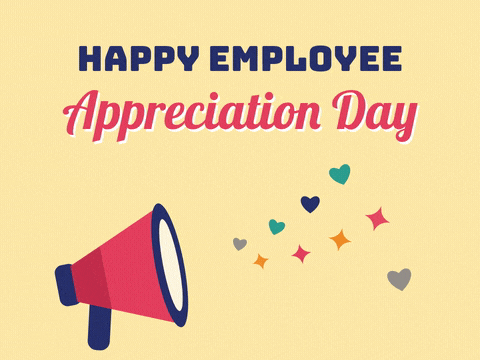 Happy Employee Appreciation Day megaphone sending out hearts and sparkles on a sunny yellow background