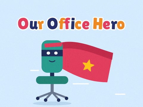 Our office hero employee appreciation with a masked office chair hovering in a flapping red cape