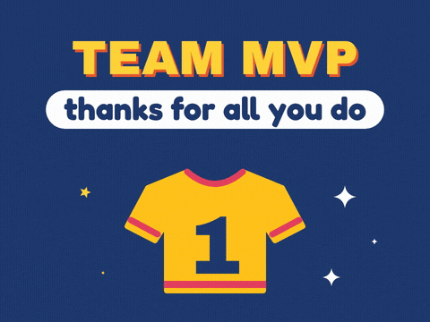 Team MVP employee appreciation yellow number 1 jersey with thanks for all you do and sparkles on navy