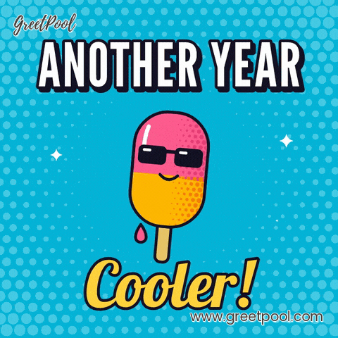 Another year cooler birthday pun with a halftone popsicle wearing sunglasses on a blue dotted background