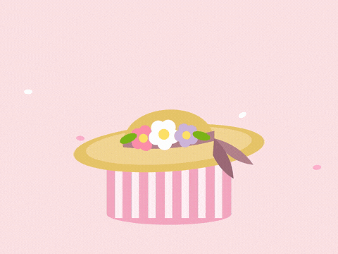 Happy belated birthday beautiful, a straw sun hat trimmed with flowers on a striped pink hatbox