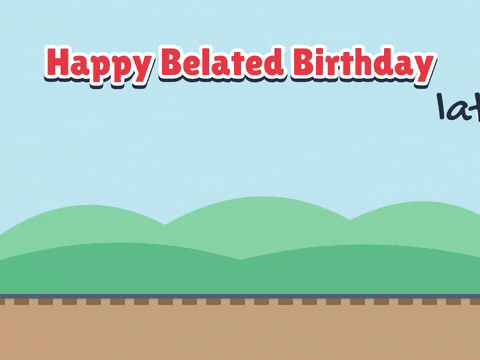Belated Birthday Party Train Cake Happy belated birthday, late but with cake, a smiling toy train pulling a layer cake on its flatcar