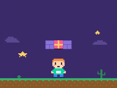 Happy belated birthday in 8-bit letters as a pixel kid bumps a gift block and a cake pops out