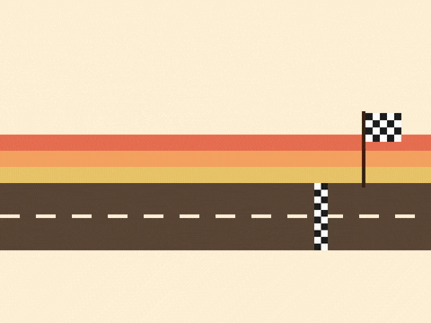 Happy belated birthday, late finish buddy, a retro race car skidding over a checkered finish line