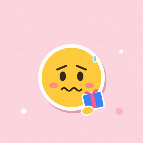Belated Birthday Sheepish Smiley Happy belated birthday, a sheepish sweating smiley face holding out a small blue gift on pink