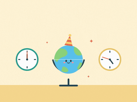 Belated Birthday Time Zone Globe Happy belated birthday, still your day somewhere, a smiling globe in a party hat between clocks