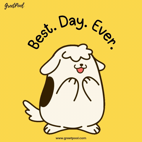 Best Day Ever Happy Dog Birthday Fluffy dog with heart eyes under Best Day Ever lettering, animated cute birthday GIF