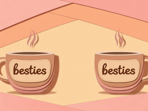 Two besties coffee cups clinking, cheers to you friend happy birthday gif
