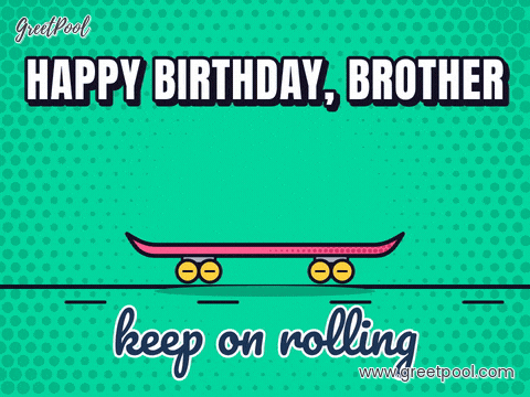 Happy birthday brother pop art skateboard popping an ollie on a teal halftone background