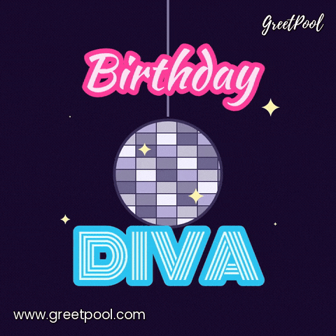 Birthday Diva Neon Disco Ball Birthday diva in flickering pink and blue neon letters around a spinning silver disco ball with sparkles